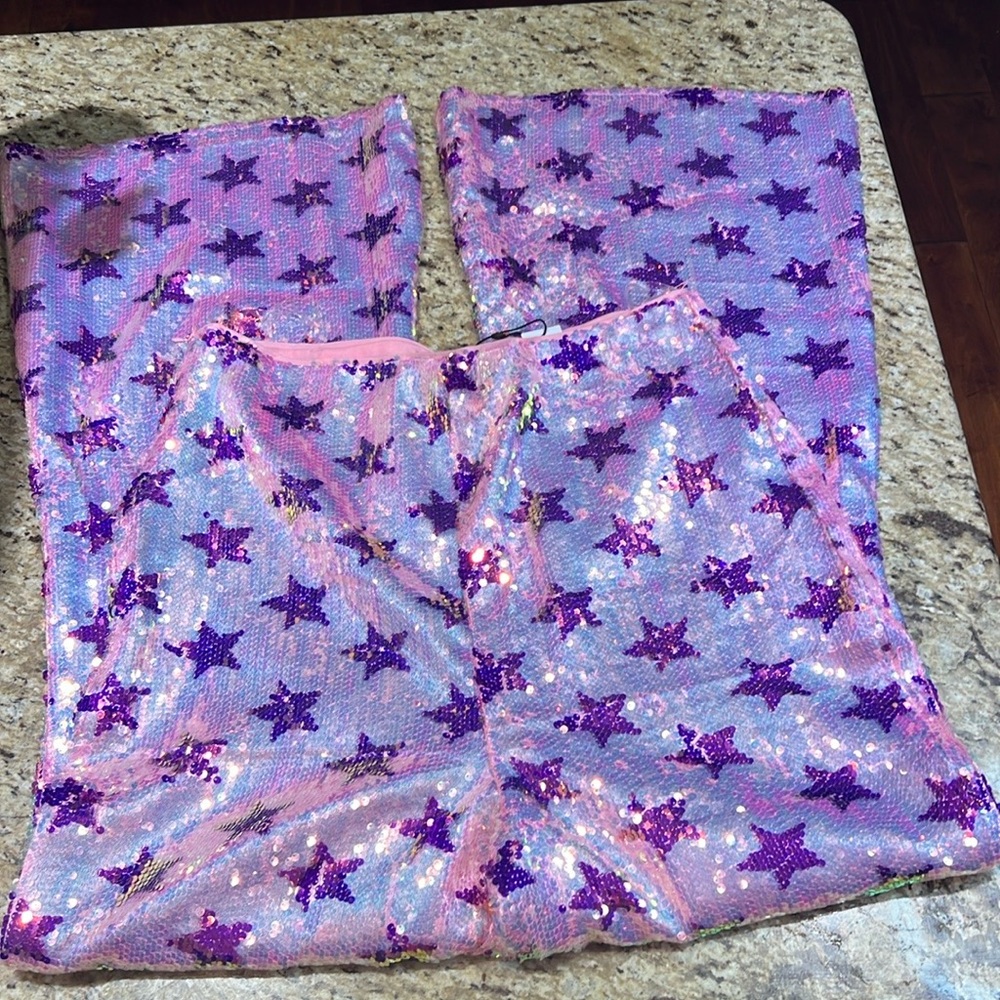 Nasty Gal Pink Purple Star Sequin Star HighRise Party Flare Pants US6 - Picture 4 of 13